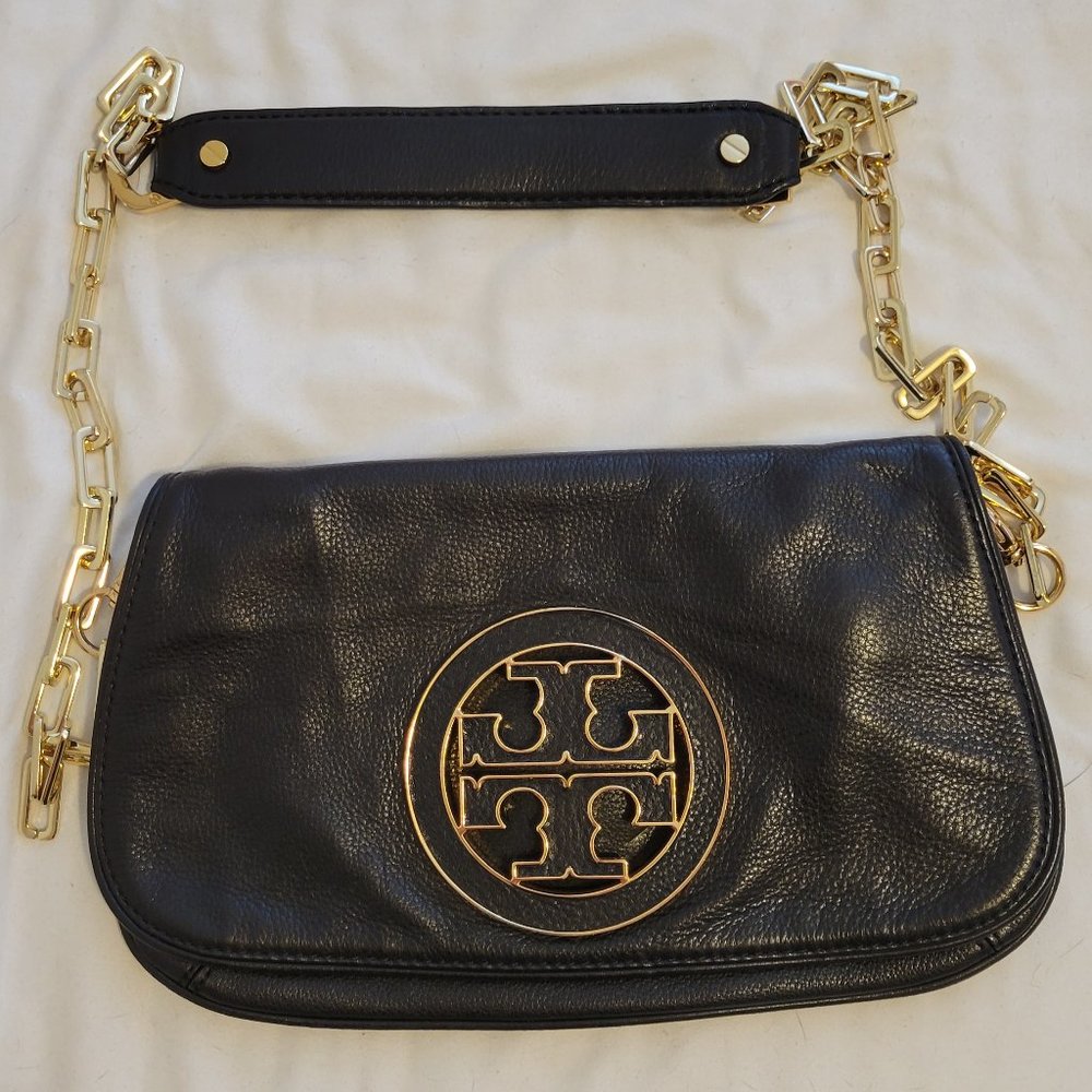 Tory Burch Amanda Black Leather Crossbody Clutch Gold Hardware Removable Straps
